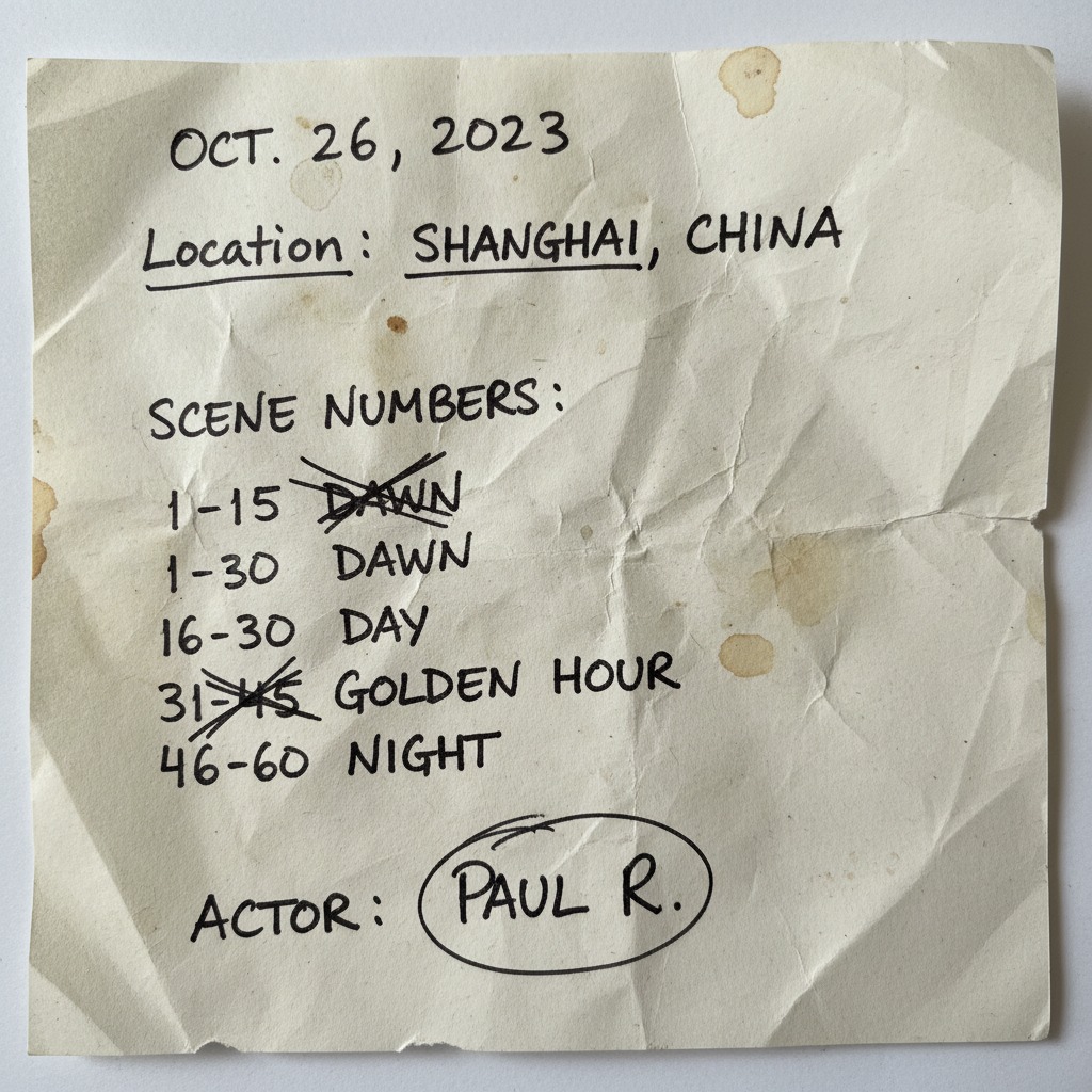 A crumpled, stained piece of paper lists filming details for October 26, 2023, in Shanghai, including scene numbers, lighting conditions, and the actor Paul R.